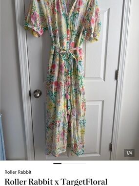 Roller Rabbit Floral Tie-Waist Maxi Dress in Pastel Pink, Yellow & Green